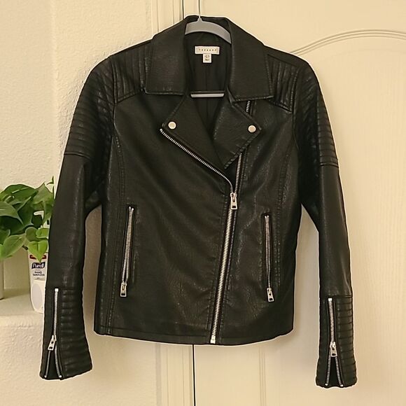 Topshop Faux Leather Bike Moto Jacket Black Size 6 Women's Vegan Silver Hardware - Picture 2 of 7